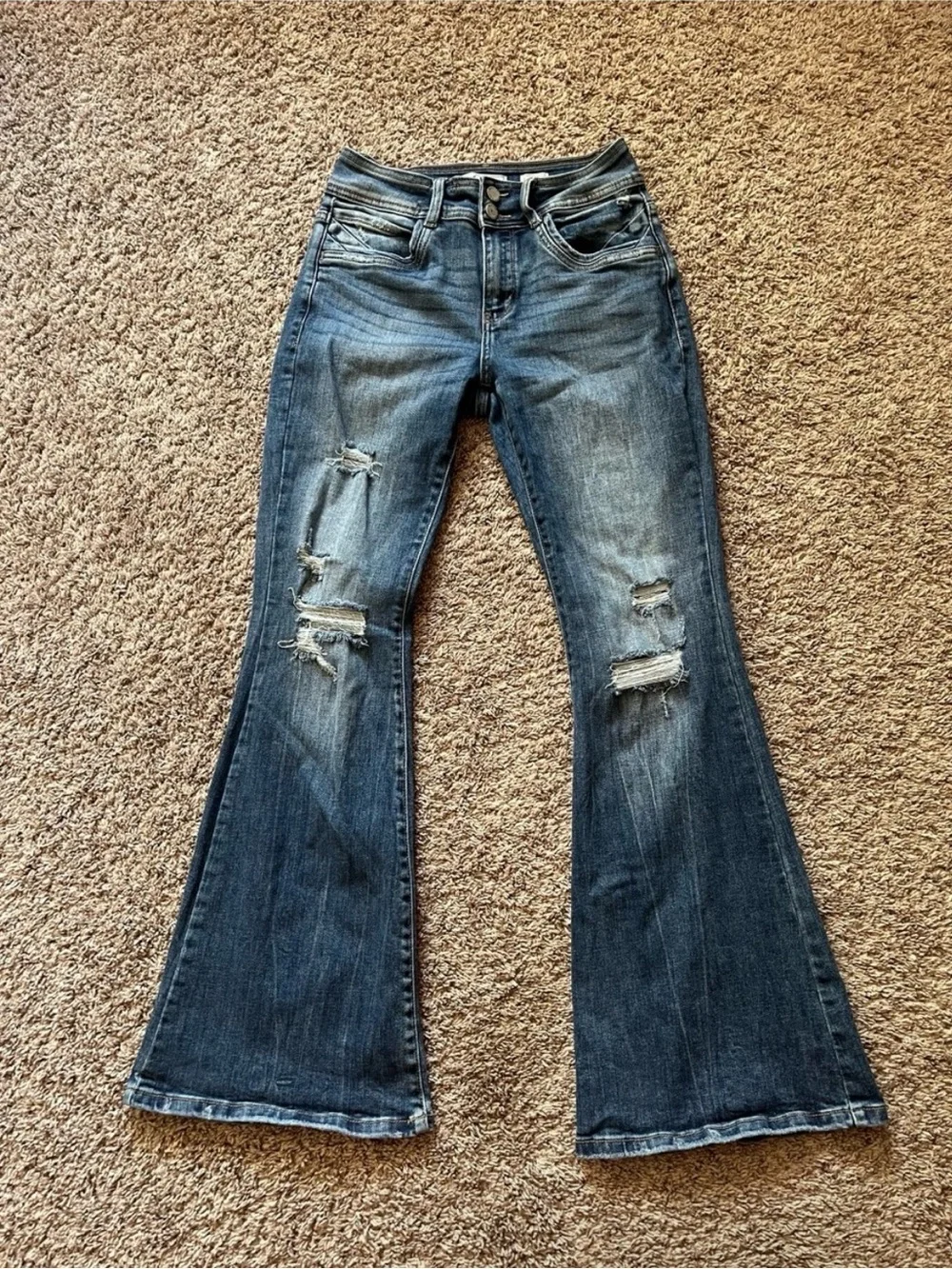 Women's KanCan Dark Wash Distressed Denim Jeans Bootcut Flare Mid Rise Kurvy 26